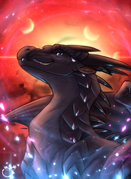 abstract_background ambiguous_gender black_body black_scales blue_eyes countershade_neck countershading crescent_moon fangs feral glowing grin head_spikes horn long_neck membrane_(anatomy) membranous_wings moon red_background scales sharp_teeth simple_background smile snout solo spikes spikes_(anatomy) teeth wings vensart mythology wings_of_fire darkstalker_(wof) dragon mythological_creature mythological_scalie nightwing_(wof) scalie hi_res shaded watermark male_(lore)