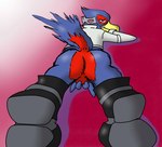 2015 absurd_res anthro avian backsack ball_grab balls beak bird blue_body blue_feathers bottomless butt clothed clothing digital_media_(artwork) falco_lombardi falcon falconid feathers genitals hand_on_own_balls hi_res looking_at_viewer looking_back looking_back_at_viewer macro710 male nintendo presenting red_background simple_background smile solo star_fox