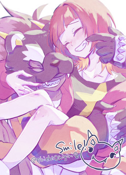 blush dark_body dark_skin duo eyes_closed female grin hair mask ponytail red_hair sharp_teeth smile teeth ebiebionigiri bandai_namco digimon digimon_beatbreak reina_sakuya animal_humanoid bearcatmon human humanoid mammal mammal_humanoid procyonid procyonid_humanoid raccoon_humanoid hi_res
