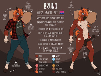animal_genitalia animal_penis anthro bisexual_pride_colors blue_eyes bodily_fluids bottomwear brown_body burlap_sack carrying_another clothing color_swatch cuffed_jeans denim denim_bottomwear denim_clothing equine_genitalia equine_penis genital_fluids genitals hair hooves jeans leaking_precum lgbt_pride male mane mane_hair medial_ring muscular muscular_male nipples nude_male off/on orange_hair orange_tail pants penis precum pride_colors red_flannel shirt shoulder_carry solo t-shirt tail tail_wraps tan_chest text topwear wraps espressothegoat bruno_(espressothegoat) equid equine horse mammal 4:3 english_text flat_colors hi_res model_sheet