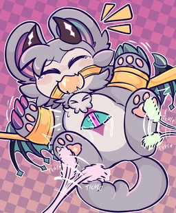 2_horns anthro ball_gag bodily_fluids claws crying crying_laughing cuff_(restraint) feet gag horn laugh male paws restrained restraints sentient_accessories solo tears tickle_torture tickling tickling_feet wings wrist_cuffs conditional_dnp tuvandalist devil_connection devilun_(makemon) bat demon mammal hi_res