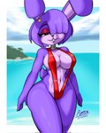 2023 animatronic anthro big_breasts bonnie_(cally3d) bonnie_(fnaf) breasts buckteeth clothing crossgender dated digital_media_(artwork) eyeshadow female fingers five_nights_at_freddy's fredina's_nightclub hi_res lagomorph leporid machine makeup mammal mtf_crossgender one-piece_swimsuit one_eye_obstructed rabbit robot scottgames scut_tail sea short_tail sling_bikini solo swimwear tail teeth theorangepumpkin thick_thighs water