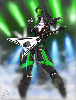 electric_guitar electronics female grey_body grey_skin guitar holding_microphone holding_object microphone musical_instrument not_furry plucked_string_instrument solo string_instrument unknown_artist bioware electronic_arts mass_effect alien alien_humanoid humanoid quarian hi_res