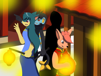 anthro asian_clothing biped black_hair bottomwear chinese_clothing clothed clothing east_asian_clothing female fully_clothed gesture green_hair group hair hand_gesture holding_object holidays lamp lantern looking_at_object male markings open_mouth orange_body orange_hair outside pants paws pointing red_eyes red_sclera shirt smile standing tail topwear trio waving yellow_body yellow_markings wolferion chinese_new_year nintendo pokemon background_character cindy_(swack16) john_(swack16) lina_(swack16) canid felid generation_1_pokemon generation_2_pokemon generation_4_pokemon luxray mammal pokemon_(species) quilava vulpix 2016 4:3 colored hi_res