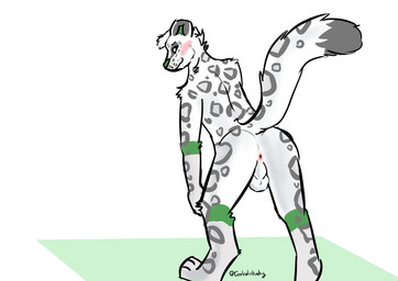 anthro anticipation anus backsack balls bent_over blush butt genitals male nude presenting presenting_anus presenting_hindquarters simple_background smile solo standing tail white_background white_body coalcolorhusky karno_(coalcolorhusky) felid mammal pantherine snow_leopard absurd_res hi_res