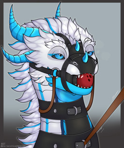accessory ball_gag bdsm blue_eyes bondage bound bridge clothing collar feral fur gag head_bondage horn leash leashed_collar male markings multicolored_body muzzle_(object) muzzle_gag muzzled simple_background solo spikes text white_body white_fur arti-ramon european_mythology mythology dragon furred_wyvern mythological_creature mythological_scalie scalie western_dragon wyvern artist_name headshot_portrait hi_res portrait url