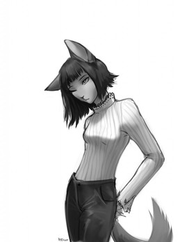 anthro bottomwear breasts clothing eyebrows female hair long_hair looking_away one_eye_closed pants simple_background solo standing topwear r10iwr canid canine mammal 2022 character_request hi_res monochrome watermark