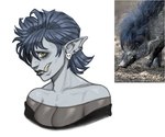 ambiguous_feral ambiguous_gender black_clothing black_lips black_shirt black_topwear blue_hair breasts cleavage closed_frown clothed clothed_female clothed_humanoid clothing dirt duo ear_piercing ear_ring female female_humanoid feral frown grey_body grey_skin hair hair_over_eye humanoid_pointy_ears light lips medium_hair mouth_closed photo_reference piercing pointy_ears ring_piercing shirt simple_background skull_ear_piercing solo_focus topwear tusks yellow_eyes bingoblin humanoid mammal orc suid suine sus_(pig) visayan_warty_pig 2025 bust_portrait colored digital_drawing_(artwork) digital_media_(artwork) english_description hi_res lighting portrait reference_image shaded