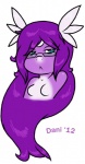 :< anthro black_eyebrows breasts chibi closed_frown curved_eyebrows dark_eyebrows eyebrows eyelids eyewear female fin frown glasses green_eyes hair lidded_eyes long_hair looking_at_viewer mouth_closed non-mammal_breasts pokemorph purple_body purple_hair purple_skin solo daniruu mythology nintendo pokemon dani_(daniruu) dragon dratini generation_1_pokemon mythological_creature mythological_scalie pokemon_(species) scalie shiny_pokemon 2012