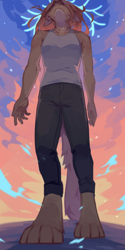 anthro antlers arm_tuft barefoot black_bottomwear black_clothing black_pants blue_antlers blue_sky bottomwear cheek_tuft clothed clothing cloud ears_back eyes_closed facial_tuft feet female fur hair horn low-angle_view mouth_closed orange_body orange_fur orange_hair outside pants pivoted_ears shoulder_tuft sky solo standing sunset topwear tuft white_clothing white_topwear corzh77 absurd_res full-length_portrait hi_res portrait
