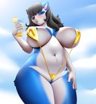 2022 absurd_res anthro anutka areola bear beverage big_areola big_breasts bikini biped black_hair black_nose blue_areola blue_body blue_fur blue_sky blush breasts brown_eyes clothing cloud cocktail_garnish countershade_fur countershade_legs countershade_thighs countershade_torso countershading day digital_media_(artwork) drinking_straw female fur genitals giant_panda hair hand_on_leg hand_on_own_leg hand_on_own_thigh hand_on_thigh hi_res holding_beverage holding_object huge_breasts ice_cube lens_flare long_hair looking_at_viewer low-angle_view mammal muffin_(wuvmuffinz) navel one-piece_swimsuit outside pussy pussy_floss shaded sky sling_bikini solo swimwear white_body white_fur yellow_clothing yellow_swimwear