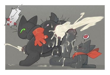 anthro backsack balls bent_over big_butt big_penis black_body blush blush_lines bodily_fluids border butt clothing crouching cum cum_everywhere cum_explosion cum_from_ass cum_in_ass cum_inside cum_on_penis cumshot duo ejaculation eyes_closed feral from_behind_position genital_fluids genitals gloves gloves_only grey_background handwear handwear_only humanoid_genitalia humanoid_penis lying male male/male messy mostly_nude narrowed_eyes on_back penis red_clothing red_gloves red_handwear red_scarf scarf scarf_only sex shaking simple_background sweat sweatdrop tail tremble_spikes trembling white_border pochiiwa cartoon_network mao_mao:_heroes_of_pure_heart nichijou sakamoto_(nichijou) sheriff_mao_mao_mao domestic_cat felid feline felis mammal 2026 digital_media_(artwork) hi_res shaded simple_shading