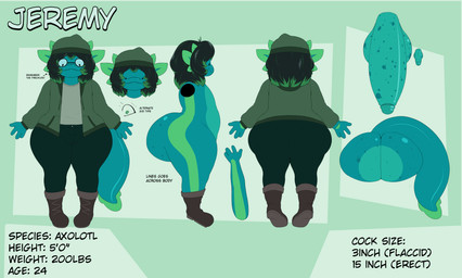 anthro axolotl_tail beanie big_butt big_penis black_hair boots bottomwear butt clothing eyewear femboy footwear freckled_butt freckled_face freckled_penis freckles frill_(anatomy) genitals glasses green_body green_hair green_skin hair hat head_crest head_frill headgear headwear highlights_(coloring) huge_penis hyper jacket male male/male pants penis shoes small_penis solo teal_body teal_skin text topwear wearing_glasses toonyjuice jeremy_(regdablue) amphibian aquatic axolotl mole_salamander salamander absurd_res english_text hi_res model_sheet