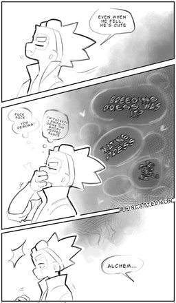 anthro biped clothing coat covering covering_mouth dialogue duo eyewear eyewear_on_head goggles goggles_on_head male male/male motion_lines profanity speech_bubble surprised text thought_bubble topwear sincastermon bloons_tower_defense ninja_kiwi alchemist_(bloons) haplorhine mammal monkey primate comic english_text hi_res monochrome signature