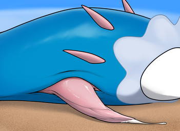 animal_genitalia animal_penis anthro beach blue_body bodily_fluids cum cum_on_ground erection feral genital_fluids genital_slit genitals leaking_cum lying male on_side penis pink_penis sand simple_background solo split_form tapering_penis text water white_body fluxfluff nintendo pokemon aquatic generation_7_pokemon mammal merfolk pokemon_(species) primarina absurd_res digital_media_(artwork) english_text hi_res