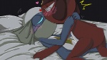 amphibian anthro bed_sheet bedding black_background blue_body blue_eyes blush dororo_(sgt._frog) duo giroro heart_symbol keronian kissing male mask nellonello sgt._frog shocked simple_background