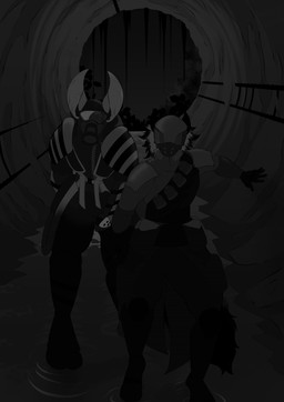 anthro armor clothing concert duo eyewear faceless_character faceless_male gauntlets gloves goggles handwear headgear helmet male mask sewer shoulder_pads straps walking wearing_mask viola_bat victor_johansen viola_bat_(character) bat canid canine fox mammal absurd_res comic hi_res monochrome