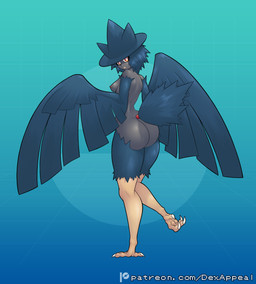 avian_feet black_body black_feathers black_hair breasts butt butt_focus claws dark_body dark_skin feathered_wings feathers feet female hair looking_at_viewer looking_back monster_girl_(genre) nipples nude pokemorph presenting presenting_hindquarters rear_view red_eyes solo tail talons toes wings dex_appeal european_mythology greek_mythology mythology nintendo pokemon animal_humanoid avian avian_humanoid generation_2_pokemon harpy humanoid murkrow mythological_avian mythological_creature pokemon_(species) hi_res