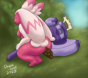 anthro breasts butt crouching eyes_closed feces feces_in_ass female hair hammer hands_on_legs multicolored_body nude outside pink_body plant pooping sky solo tools tree two_tone_body white_body white_hair drain_scat nintendo pokemon generation_9_pokemon pokemon_(species) tinkaton 2025 hi_res