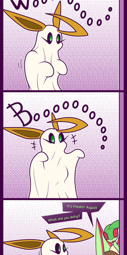 anthro duo female holidays humor solo_focus speech_bubble text r-mk halloween nintendo pokemon naomi_(r-mk) skyress_(r-mk) eevee flygon generation_1_pokemon generation_3_pokemon ghost pokemon_(species) spirit 2018 absurd_res digital_media_(artwork) english_text hi_res