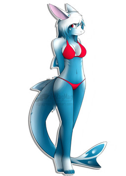 anthro barefoot bikini biped breasts clothed clothing eyelashes feet female hair navel non-mammal_breasts red_eyes solo standing swimwear two-piece_swimsuit white_hair zigzagmag aquatic fish shark 2015 hi_res