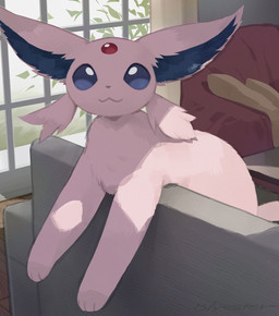 :3 acting_like_a_cat ambiguous_gender big_ears blue_inner_ear cheek_tuft detailed_background facial_tuft feral forehead_gem fur furniture gem inside looking_at_viewer pink_body pink_ears pink_fur pink_tail quadruped sofa solo tail tuft window olyester nintendo pokemon eeveelution espeon felid feline generation_2_pokemon mammal pokemon_(species) 2024 colored shaded signature