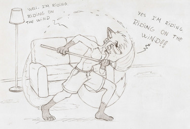 anthro bottomwear cleaning_tool clothing dancing eyes_closed furniture lamp male metal mop shorts singing sofa solo teeth text water fecama judas_priest riding_on_the_wind canid canine fox mammal hi_res monochrome sketch