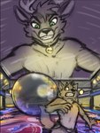 acidic anthro bell bell_collar black_collar black_nose canid cheek_tuft clothed clothing collar conditional_dnp deer duo facial_tuft front_view fur glistening glistening_eyes green_eyes grey_body grey_fur grin male mammal pinball_machine smile topless tuft