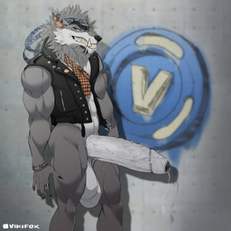accessory anthro balls big_balls big_penis bodily_fluids clothing foreskin fur genital_fluids genitals headband huge_balls huge_penis jacket long_penis looking_aside male multicolored_body multicolored_fur muscular muscular_male penis precum precum_string solo topwear two_tone_body two_tone_fur vein veiny_penis vikifox epic_games fortnite dire_(fortnite) canid canine canis mammal wolf 1:1 hi_res