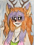 anthro antlers black_eyes black_nose blush breasts cleavage clothed clothing colored_nails crop_top dipstick_ears ear_markings eyebrow_through_hair eyebrows female freckles gesture hair hand_gesture horn inner_ear_fluff jewelry lips long_hair messy_hair multicolored_ears nails necklace ochre_hair pink_hair pupils purple_hair red_lips shirt simple_background solo topwear translucent translucent_hair tuft v_sign white_pupils wolf_ears dylanaildon_no_2 tirisk_(dylanaildon_no_2) forest_spirit humanoid mammal 3:4 colored_pencil_(artwork) hi_res traditional_media_(artwork)