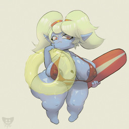 accessory angry areola big_areola big_breasts bikini blonde_hair blue_areola blue_body blue_skin breasts camel_toe clothing featureless_feet feet female hair hair_accessory holding_object huge_breasts humanoid_pointy_ears lifeguard logo looking_at_viewer nipple_outline pigtails pointy_ears pool_float red_bikini red_clothing red_eyes red_swimwear short_stack simple_background snaggle_tooth solo standing swimwear translucent_object two-piece_swimsuit wet wet_body whistle_(object) deyminuggets league_of_legends riot_games tencent poppy_(lol) humanoid mammal yordle 1:1 2025 absurd_res artist_logo hi_res