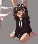 adolescent anthro balls blush bodily_fluids clothed clothing cum cum_on_face erection female fur genital_fluids genitals group hair hat headgear headwear hoodie male male/female simple_background topwear trio white_body white_fur young young_anthro bunnybits conditional_dnp bunnybits_(character) canid canine lagomorph leporid mammal rabbit 2023 absurd_res comic hi_res