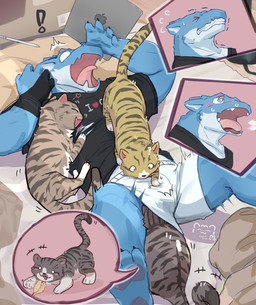 5_fingers >_< ambiguous_gender anthro artist_glove barefoot bed biped black_clothing black_gloves black_handwear black_shirt black_topwear blue_body blue_claws blue_countershading blush blush_lines bodily_fluids bottomwear breath cat_toy cheek_tuft claws clenched_teeth clothed clothed_anthro clothed_male clothing countershade_face countershade_fur countershade_neck countershade_torso countershading curious digitigrade dipstick_tail drawing_pen ears_back emanata empty_eyes exclamation_point eyes_closed facial_tuft fangs feet feral finger_claws fingers front_view fully_clothed fully_clothed_anthro fully_clothed_male fur furniture gloves group hand_on_bulge handwear head_in_crotch heart_symbol inside inside_clothing looking_at_another looking_pleasured lying lying_on_bed male markings monotone_bottomwear monotone_clothing monotone_shirt monotone_shorts monotone_topwear motion_lines multicolored_body multicolored_fur on_another on_back on_bed on_side on_top_of open_mouth pawpads paws pillow pink_inner_ear pink_pawpads pink_tongue pivoted_ears plantigrade purple_pawpads quadruped question_mark raised_tail rosy_cheeks shaking shirt shorts size_difference snout speech_bubble spiral spiral_eyes standing striped_arms striped_back striped_body striped_head striped_legs striped_markings striped_tail stripes surprised sweat sweatdrop sweatdrop_(iconography) sweaty_face tablet_computer tail tail_markings tan_body tan_fur tan_spikes tan_tail_tip teeth text text_on_clothing text_on_shirt text_on_topwear tickling tongue tongue_showing topwear tremble_lines tremble_spikes trembling tuft two_tone_body two_tone_fur white_body white_bottomwear white_clothing white_countershading white_fur white_shorts kuromonsart apple_inc. ipad domestic_cat felid feline felis mammal reptile scalie 2025 absurd_res artist_name dated digital_drawing_(artwork) digital_media_(artwork) english_text full-length_portrait hi_res multiple_scenes portrait shaded simple_shading