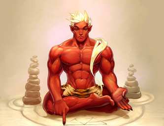 5_fingers abs blonde_hair cairn claws crosslegged_pose eyes_closed feet fingers hair horn humanoid_feet male meditation muscular muscular_humanoid muscular_male not_furry pecs plantigrade red_body red_skin sitting solo lay-lo asian_mythology east_asian_mythology flexible_survival japanese_mythology mythology hayato_(flexible_survival) demon humanoid oni yokai