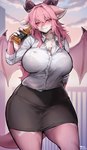 alcohol anthro beverage big_breasts black_clothing black_underwear blush bottomwear bra breasts building chest_tuft clothed clothing collared_shirt dress_shirt drunk ears_down eyelashes female fully_clothed hair holding_object horn huge_breasts long_hair non-mammal_breasts pink_body pink_eyes pink_hair pivoted_ears shirt skirt sky snout solo stain stained_clothing substance_intoxication tail thick_thighs topwear translucent tuft underwear wide_hips wings suurin_2 mythology dragon mythological_creature mythological_scalie scalie 2025 detailed digital_drawing_(artwork) digital_media_(artwork) hi_res portrait shaded