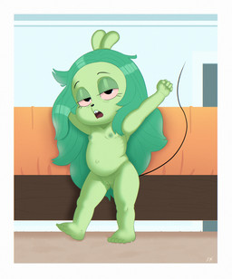 anthro female flat_chested genitals hair long_hair nipples nude open_mouth solo standing stretching tail tired vulva yawn young young_anthro young_female fajikiwi cartoon_network ok_k.o.!_let's_be_heroes fink_(ok_k.o.!_lbh) mammal mouse murid murine rodent absurd_res hi_res