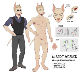 albino anthro blonde_hair clothed clothing eyewear hair male nude pawpads paws red_eyes solo sunglasses text mystery.dog capcom resident_evil albert_wesker albino_dobermann canid canine canis dobermann domestic_dog mammal pinscher english_text model_sheet russian_description