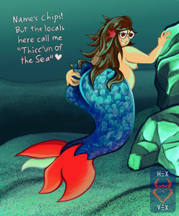 big_butt blue_tail breasts brown_hair butt eyewear female glasses glowing hair mermaid_tail nipples presenting presenting_hindquarters red_eyes slightly_chubby solo split_form tail text underwater water hex-vex chips_(hex-vex) aquatic humanoid hybrid merfolk absurd_res hi_res