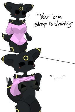 black_body black_fur blush bra bra_strap clothed clothing clothing_lift female fur panties pink_clothing pink_shirt pink_topwear shirt shirt_lift simple_background solo standing tail tail_motion tailwag text topwear underwear white_background fizzyizzi bra_strap_showing_(meme) nintendo pokemon eeveelution generation_2_pokemon pokemon_(species) umbreon absurd_res comic hi_res meme shaded simple_shading