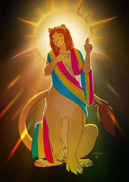 5_fingers 5_toes abstract_background aureola barefoot breasts eyes_closed feet female female_taur fingers flag hair halo lgbt_pride pansexual_pride_colors pride_colors red_hair religious_gesture shoulder_length_hair smile tail tail_tuft toes tuft kevira065 gildedtongue felid felid_taur lion lion_taur mammal mammal_taur pantherine pantherine_taur taur 2023 dated hi_res signature