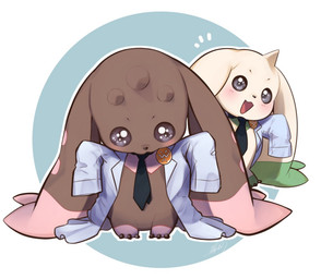 anthro beady_eyes blush brown_body brown_fur chibi clothing coat duo fur horn lab_coat long_ears necktie topwear white_body white_fur yuri_arisato bandai_namco digimon digimon_(species) lopmon terriermon