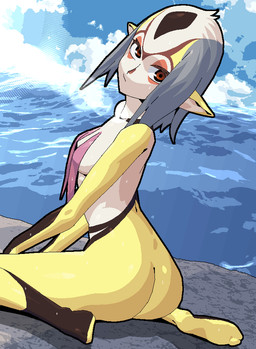 black_markings breasts butt covered_nipples facial_markings female forehead_markings grey_hair hair head_markings kneeling looking_at_viewer markings multicolored_body multicolored_hair not_furry nude pointy_ears rear_view red_eyes red_markings rock sea short_hair sitting sky slim small_breasts solo turning_around wariza water white_body white_hair yellow_body unknown_artist blue_submarine_no._6 mutio animal_humanoid aquatic aquatic_humanoid fish fish_humanoid humanoid hybrid