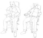 anthro belly belt bottomwear chair clothing dress_shirt footwear furniture holding_belt holding_object male office_chair on_chair pants shirt shoes sitting sitting_on_chair slightly_chubby slightly_chubby_anthro slightly_chubby_male tight_clothing topwear cettus cougar felid feline mammal 2021 monochrome sequence sketch