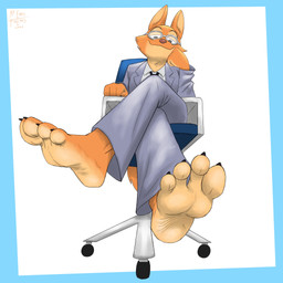 4_toes abstract_background anthro barefoot blue_bottomwear blue_clothing blue_jacket blue_pants blue_topwear bottomwear chair clothing countershade_feet countershading crossed_legs feet female foot_fetish foot_focus fur furniture humanoid_feet jacket lightened_soles looking_down low-angle_view office_chair orange_body orange_fur pants piercing plantigrade smile soles solo suit toes topwear wrinkled_feet wrinkles a9ymus dreamworks the_bad_guys diane_foxington canid canine fox mammal 1:1 2025 absurd_res digital_media_(artwork) hi_res shaded