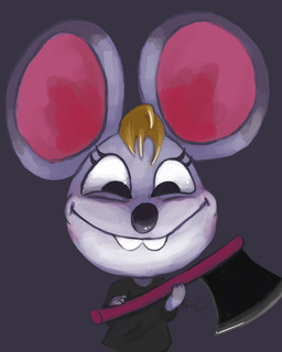 axe black_body black_eyes black_fur blonde_hair buckteeth female fur hair looking_at_viewer melee_weapon simple_background smile smiling_at_viewer solo teeth weapon white_body white_fur stapledslut animal_crossing nintendo bella_(animal_crossing) house_mouse mammal mouse murid murine rodent 4:5 hi_res