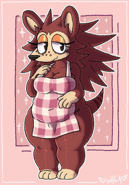 anthro apron apron_only brown_body brown_eyes clothing eye_bags eyelashes female freckled_face freckles gingham glistening_eyelids half-closed_eyes long_eyelashes narrowed_eyes slightly_chubby smile solo vulthra animal_crossing nintendo sable_able eulipotyphlan hedgehog mammal
