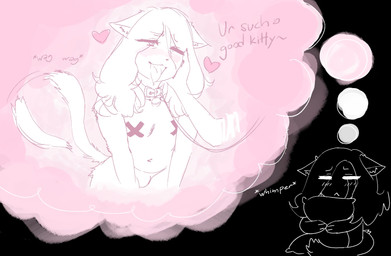 anthro belly blush bulge chibi clothing collar disembodied_hand ears_down femboy fur heart_eyes heart_symbol hug hugging_object hugging_pillow inner_ear_fluff leash male navel one_eye_closed pillow pivoted_ears solo tail tail_motion tailwag text thong thought_bubble tongue tuft underwear whimper yutsi_catboi vitoka_(yutsi_catboi) domestic_cat felid feline felis mammal hi_res