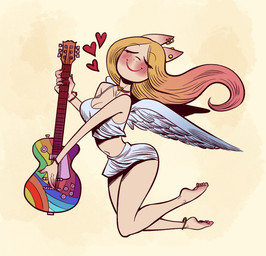anthro blush breasts choker ear_piercing ear_ring electric_guitar eyes_closed feathered_wings feathers female flying guitar heart_symbol holding_guitar holding_musical_instrument holding_object jewelry musical_instrument necklace piercing plucked_string_instrument ring_piercing simple_background smile solo string_instrument wings elnikochoro equid equine horse mammal 2026 digital_media_(artwork) hi_res
