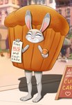 anthro clothing costume cupcake cupcake_costume day detailed_background eyes_closed female food food_costume holding_food holding_object outside sign solo standing text alastorrekfast disney zootopia judy_hopps lagomorph leporid mammal rabbit absurd_res english_text hi_res