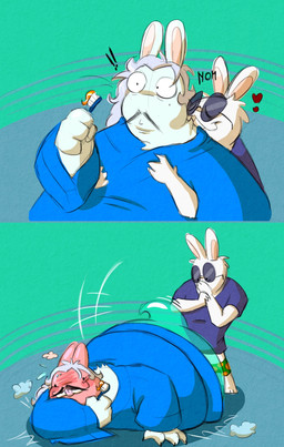 2_panel_comic 3_toes 4_fingers anthro arms_bent bite black_eyewear black_facial_hair black_mustache black_sunglasses blue_clothing blue_shirt blue_t-shirt blue_tail blue_topwear blush blushing_profusely bodily_fluids boxers_(clothing) brush buckteeth closed_smile clothed clothed_anthro clothed_male clothing covering covering_mouth dot_eyes duo dust_cloud exclamation_point eyes_closed eyewear facial_hair feet fell_down fingers fist fully_clothed fully_clothed_anthro fully_clothed_male fur glasses green_boxers green_clothing green_underwear grey_hair hair heart_symbol holding_brush holding_object holding_toothbrush hug hugging_another hugging_from_behind legless long_ears long_hair looking_at_another looking_at_partner lying male male/male male_anthro mouth_closed mustache neck_bite no_eyebrows on_front onomatopoeia overweight overweight_anthro pink_tongue round_glasses shirt simple_background simple_eyes smile sound_effects standing sunglasses surprised sweat t-shirt tail tan_inner_ear teal_background teeth text toes tongue tongue_out toothbrush toothpaste topwear translucent translucent_body underwear white_body white_fur randomrabbidramblings mario_bros mario_plus_rabbids_kingdom_battle mario_plus_rabbids_sparks_of_hope nintendo raving_rabbids rayman_(series) ubisoft phantom_of_the_bwahpera t.s._woodrow ghost hybrid lagomorph mammal rabbid spirit 2025 colored crossover digital_media_(artwork) english_description hi_res shaded